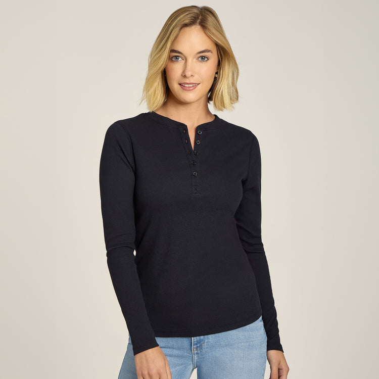 Women wearing Black Long Sleeve Rib Henley Tee