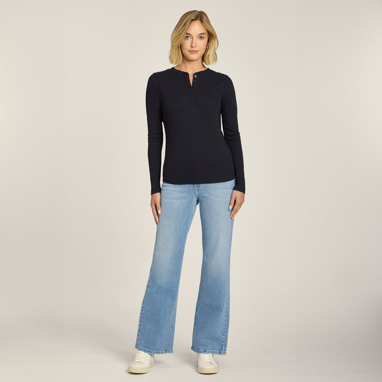 Women wearing Black Long Sleeve Rib Henley Tee