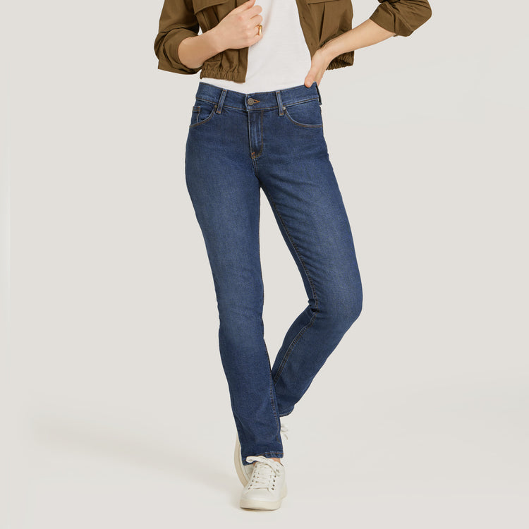 Women wearing Medium/Dark Blue Mid Rise Slim Straight Ridge Jeans