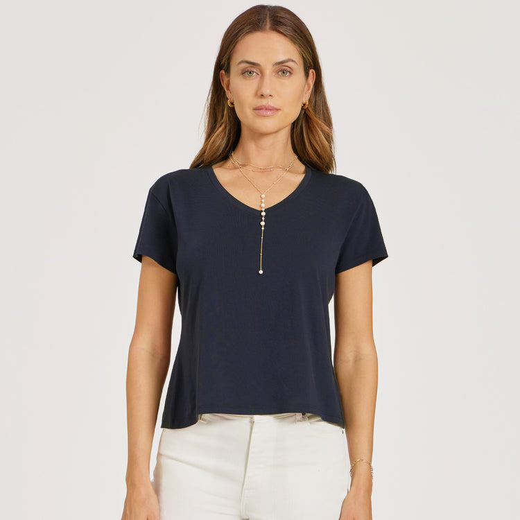 Women wearing Navy Everyday Cotton Relaxed V-Neck Tee