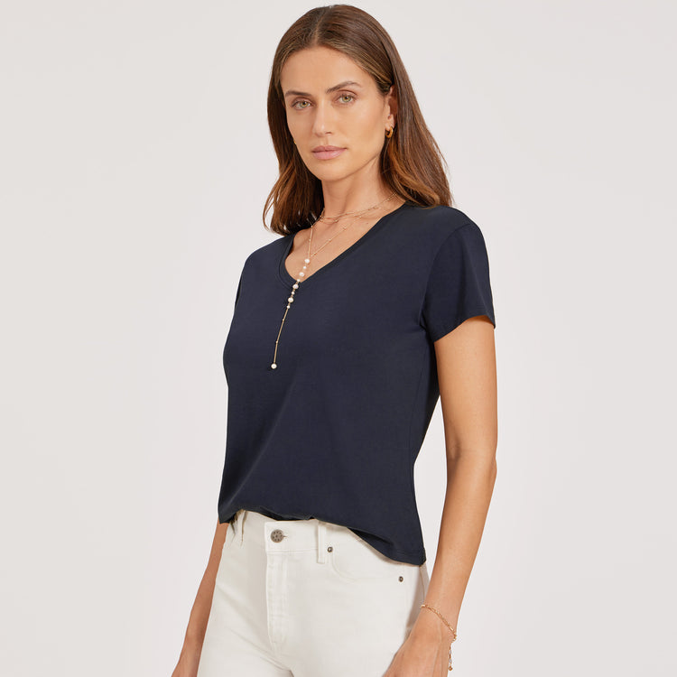 Women wearing Navy Everyday Cotton Relaxed V-Neck Tee