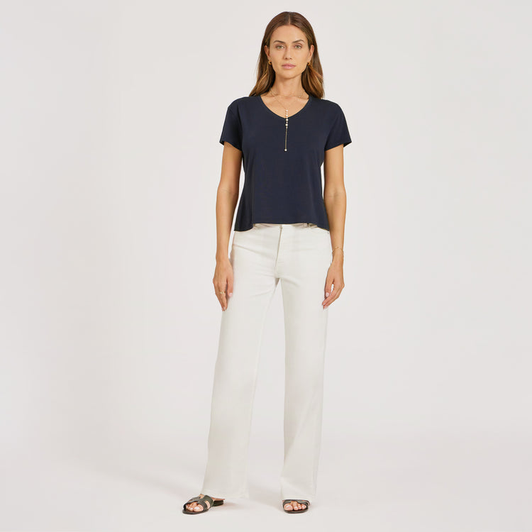 Women wearing Navy Everyday Cotton Relaxed V-Neck Tee