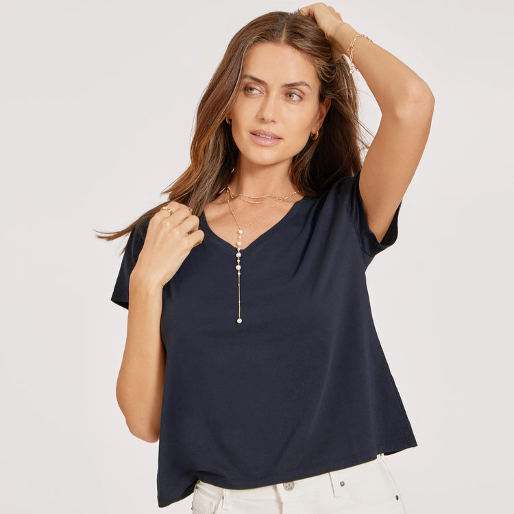 Women wearing Navy Everyday Cotton Relaxed V-Neck Tee