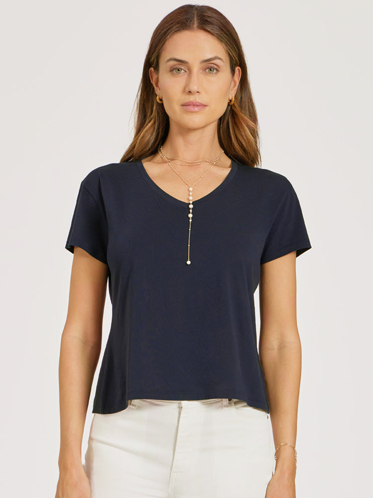 Women wearing Navy Everyday Cotton Relaxed V-Neck Tee
