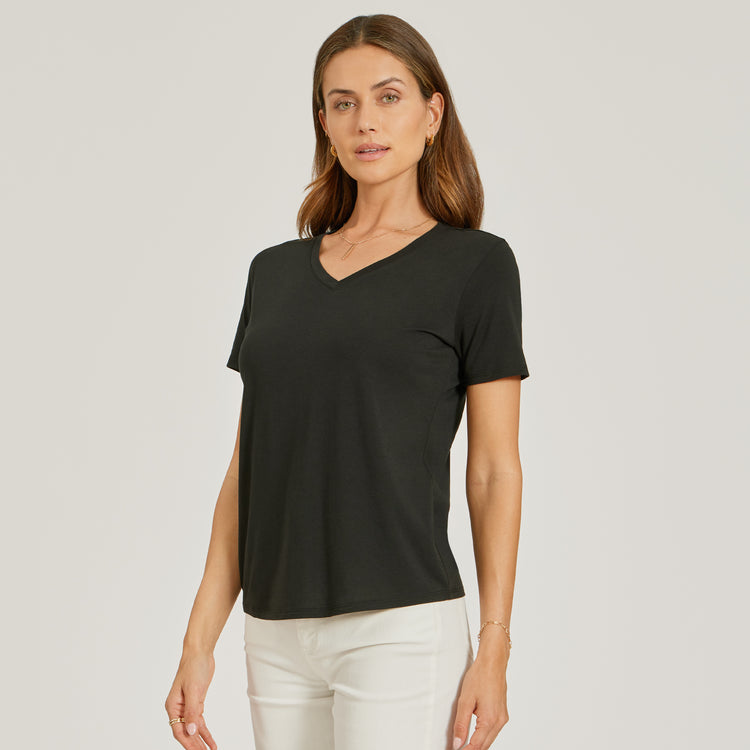 Women wearing Black Relaxed V-Neck Marcy Tee