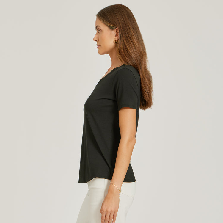 Women wearing Black Relaxed V-Neck Marcy Tee