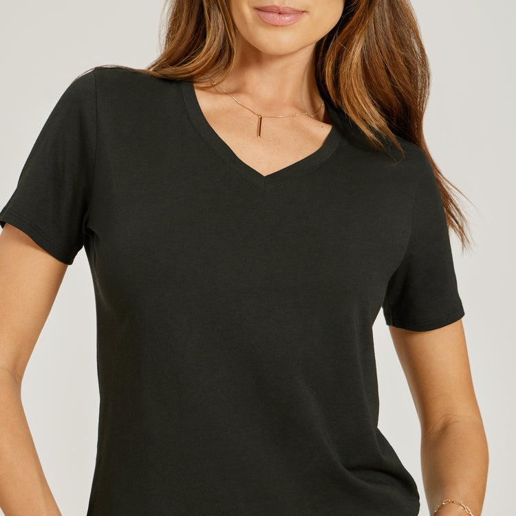 Women wearing Black Relaxed V-Neck Marcy Tee