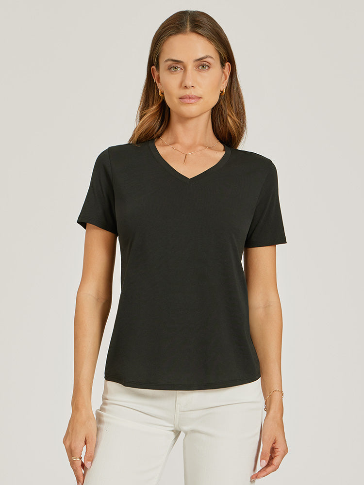 Women wearing Black Relaxed V-Neck Marcy Tee
