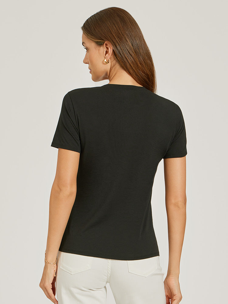 Women wearing Black Relaxed V-Neck Marcy Tee