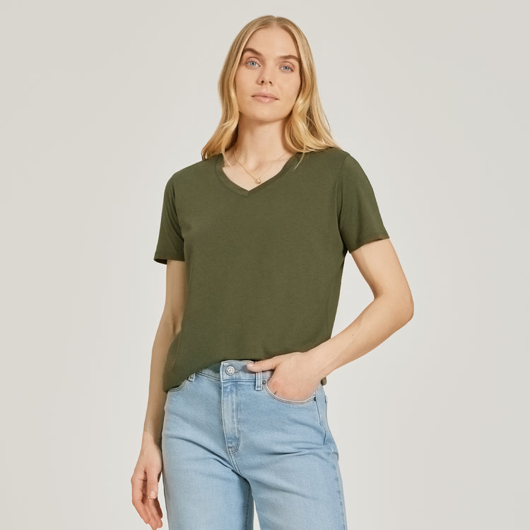 Women wearing Military Green Relaxed V-Neck Marcy Tee