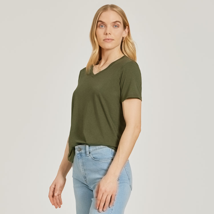 Women wearing Military Green Relaxed V-Neck Marcy Tee