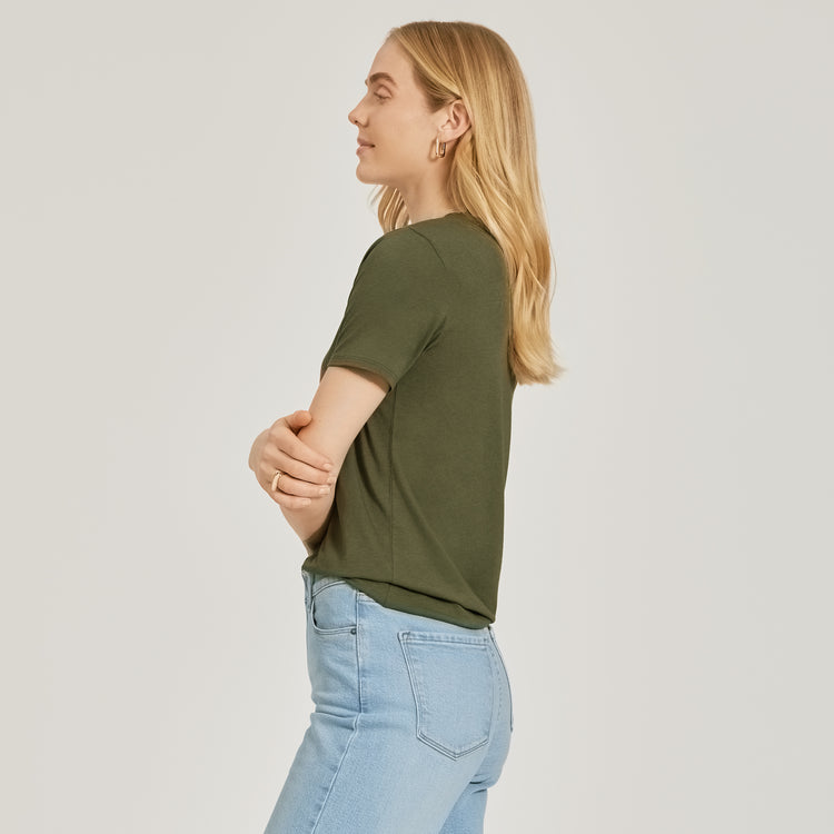 Women wearing Military Green Relaxed V-Neck Marcy Tee