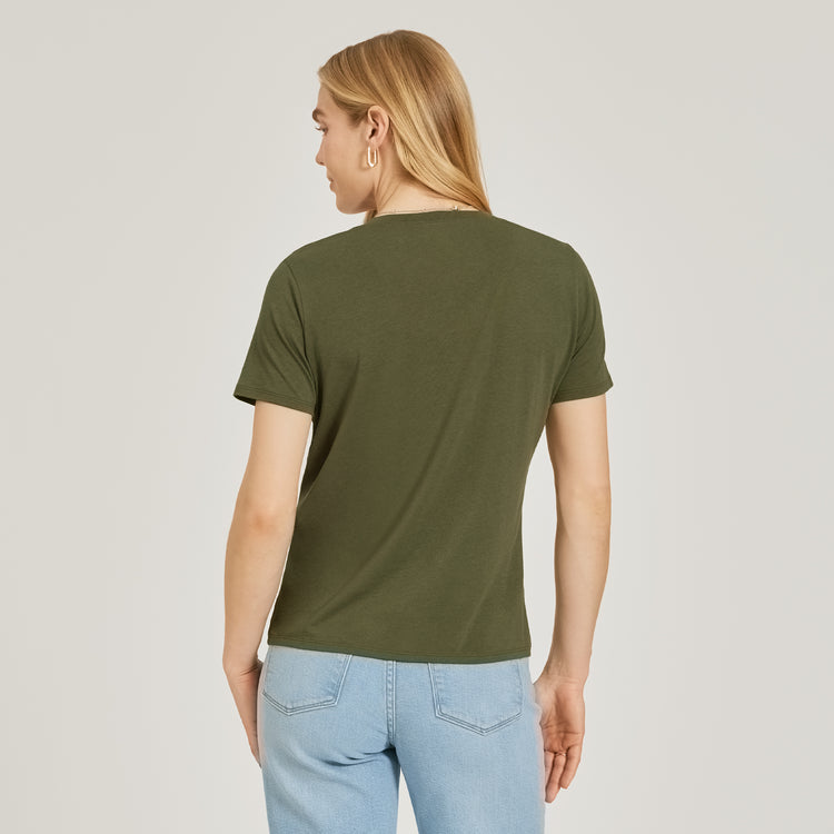 Women wearing Military Green Relaxed V-Neck Marcy Tee