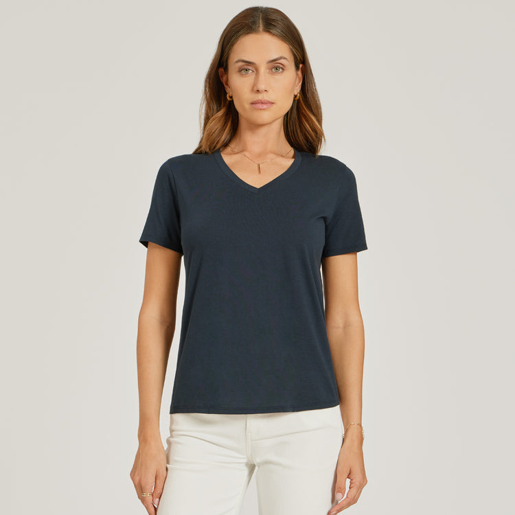 Women wearing Azul marino Relaxed V-Neck Marcy Tee