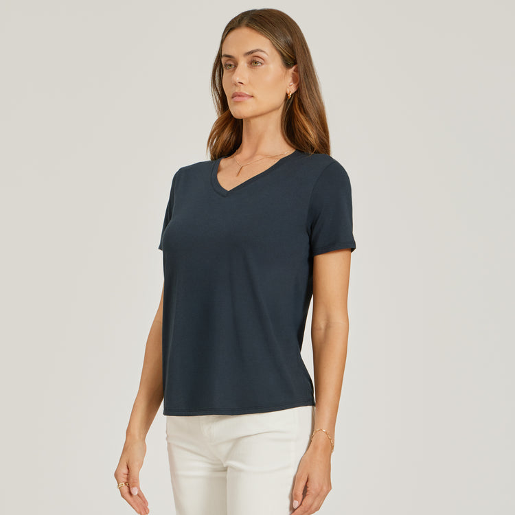 Women wearing Azul marino Relaxed V-Neck Marcy Tee