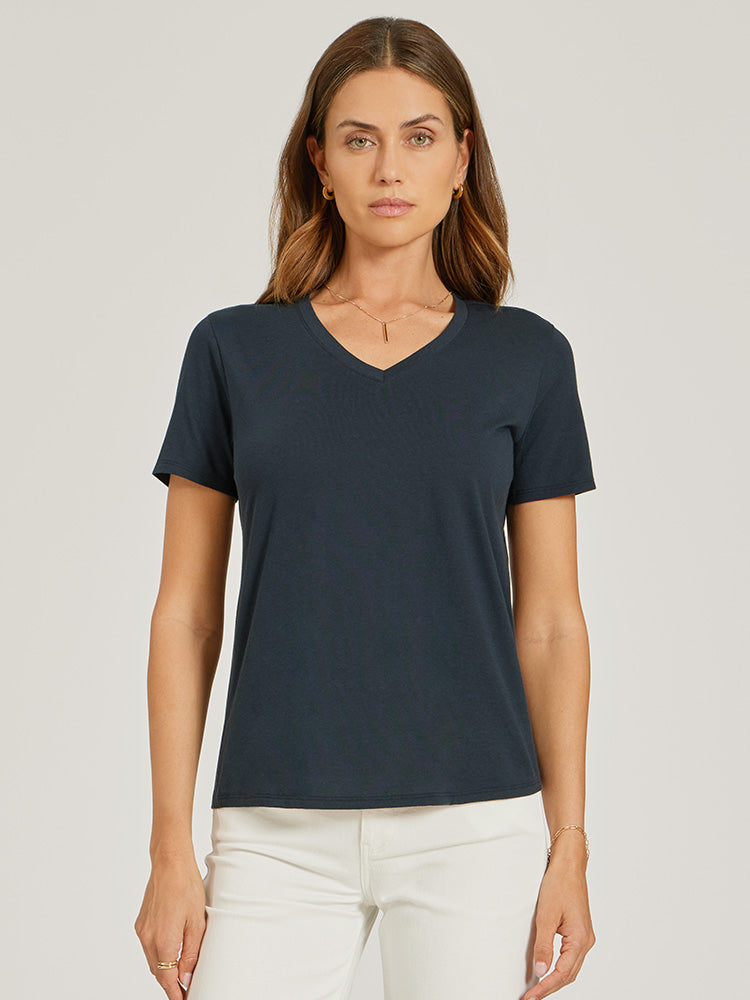 Women wearing Azul marino Relaxed V-Neck Marcy Tee