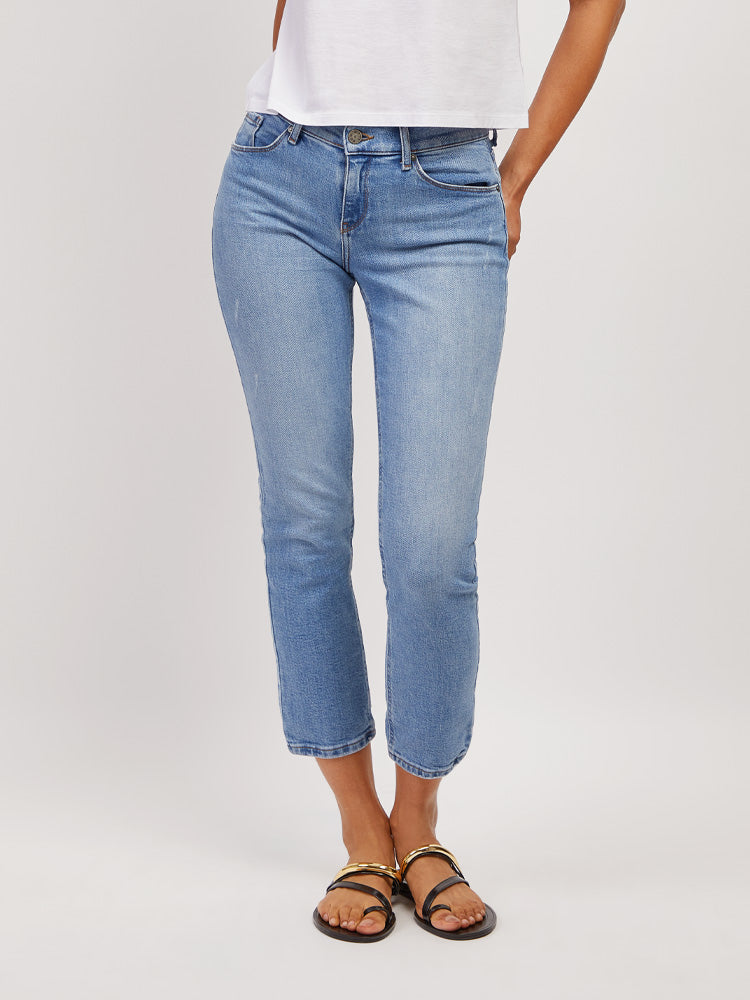 Women wearing Medium Blue Mid Rise Slim Straight Hubert Jeans