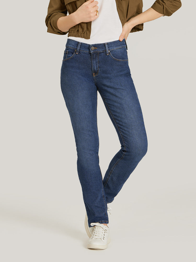 Women wearing Medium/Dark Blue Mid Rise Slim Straight Ridge Jeans