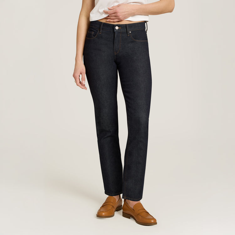 Women wearing Dark Blue Mid Rise Slim Straight Ridge Jeans