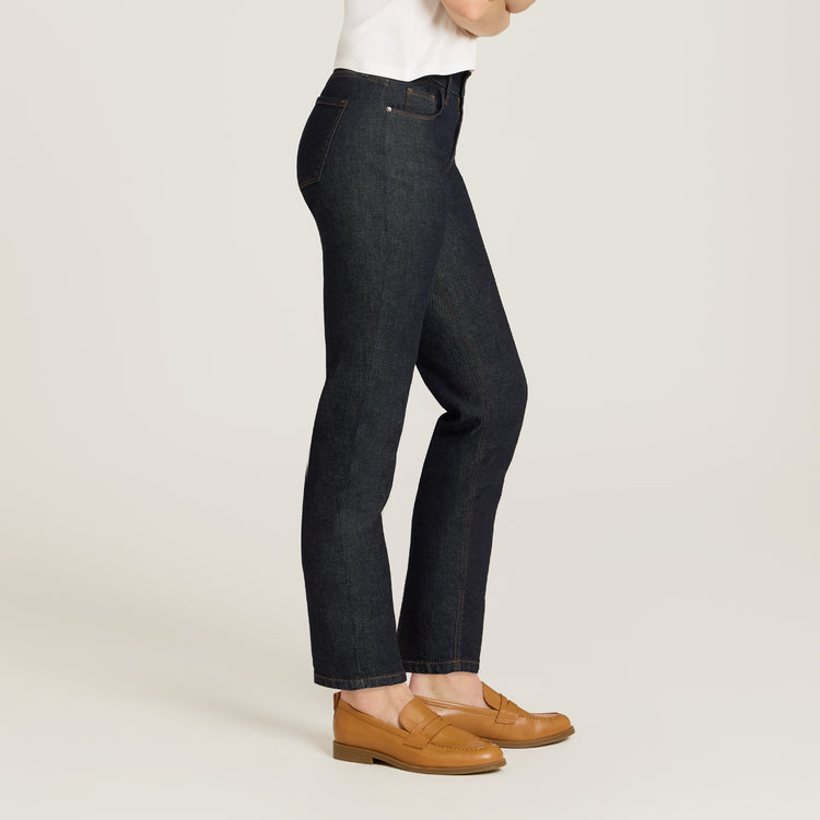 Women wearing Dark Blue Mid Rise Slim Straight Ridge Jeans