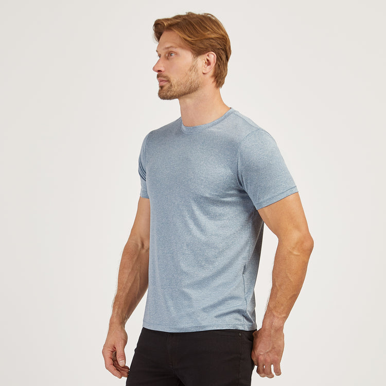 Men wearing Sky Blue Heather Tech Tee