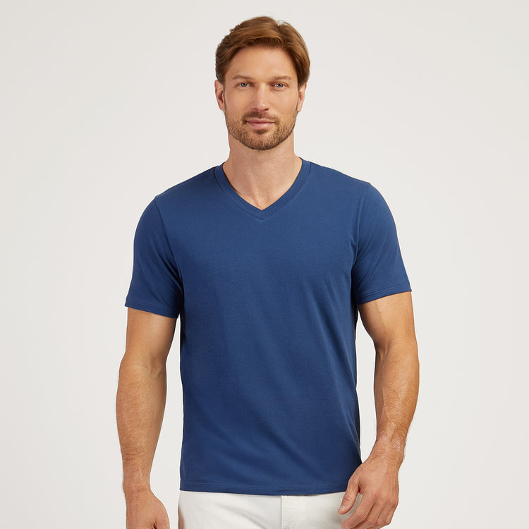 Men wearing Baltic Blue Classic V-Neck Driggs Tee