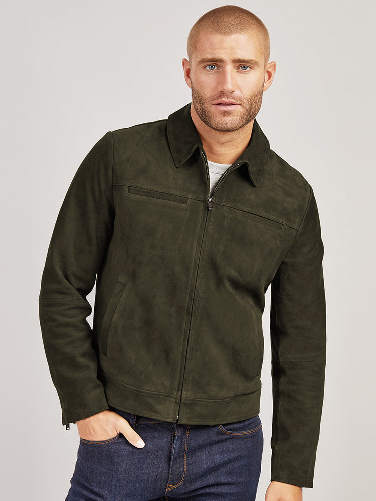 Men wearing Dark Olive Suede Trucker Jacket