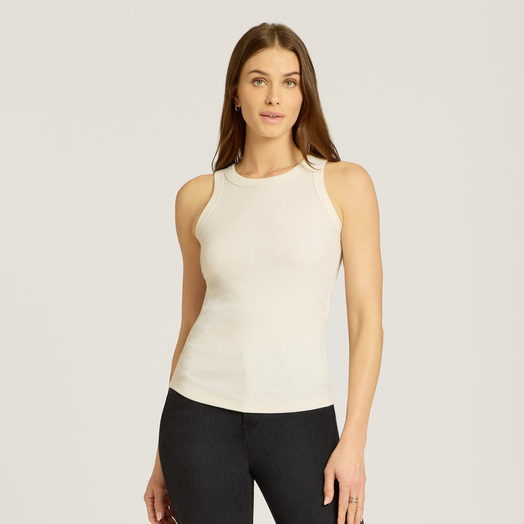 Women wearing Pearl White Rib Tank