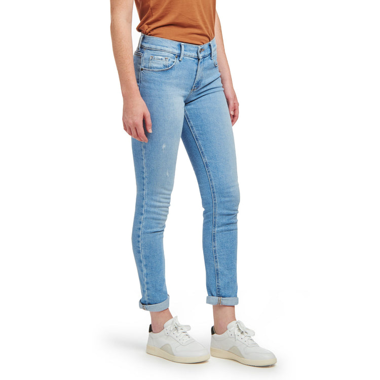 Women wearing Light Blue Mid Rise Slim Straight Hubert Jeans