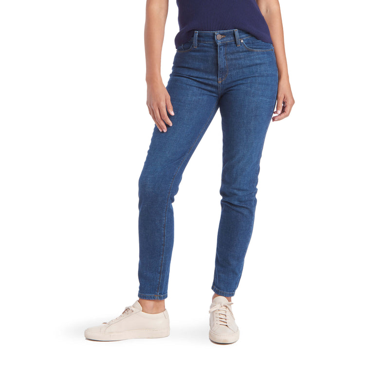 Women wearing Medium/Dark Blue High Rise Mom Charlton Jeans