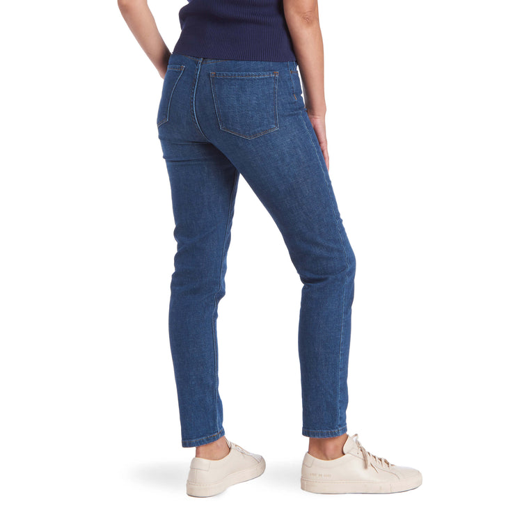 Women wearing Medium/Dark Blue High Rise Mom Charlton Jeans