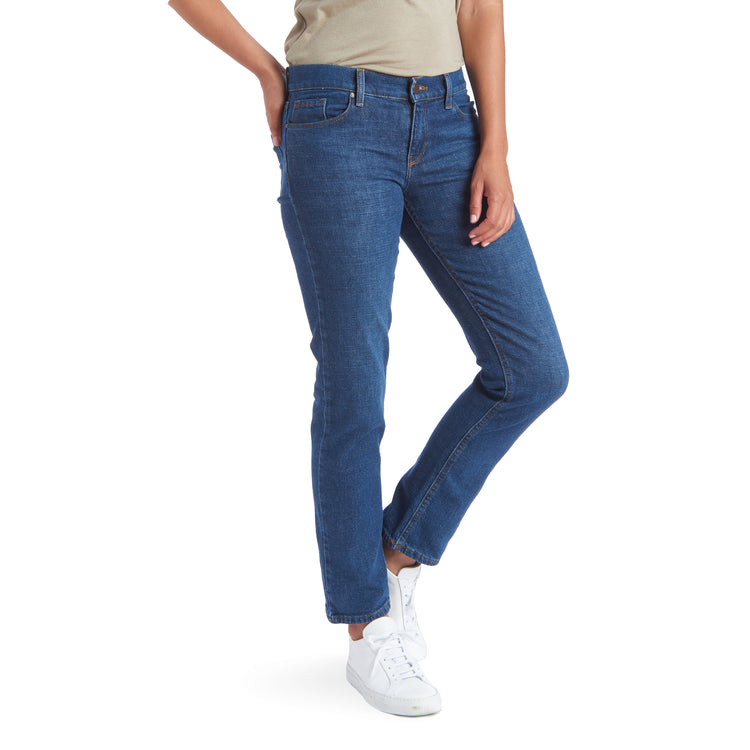 Women wearing Medium/Dark Blue Mid Rise Slim Straight Charlton Jeans