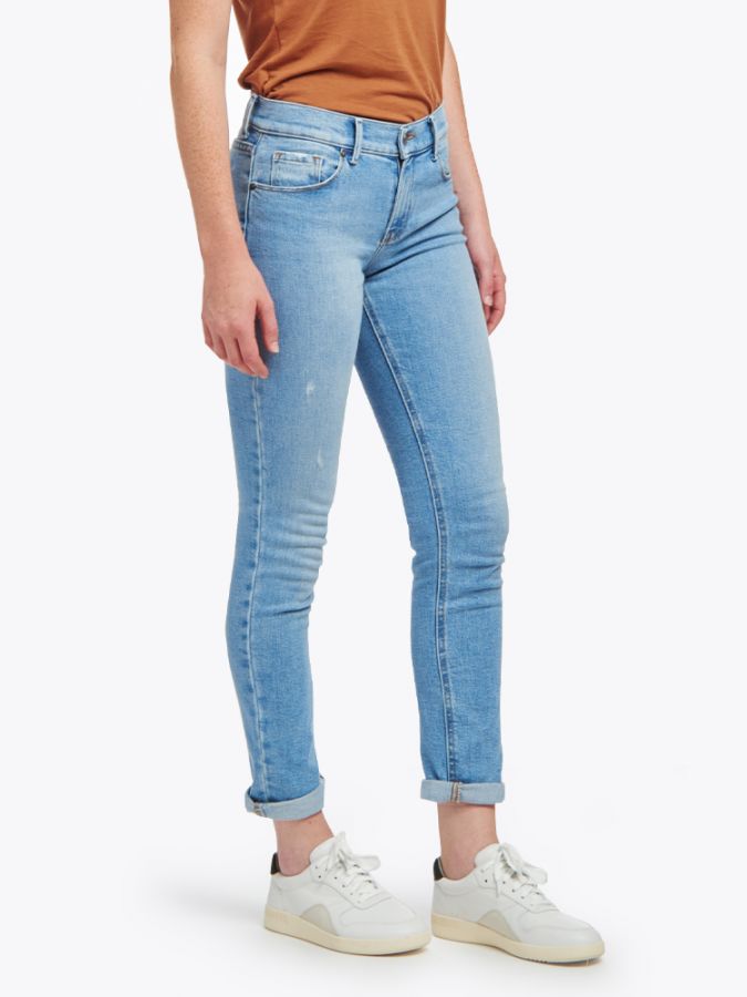 Women wearing Light Blue Mid Rise Slim Straight Hubert Jeans