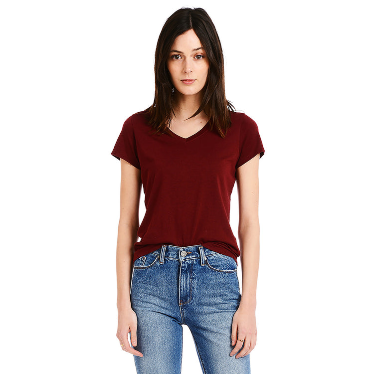 Women wearing Crimson Fitted V-Neck Marcy Tee