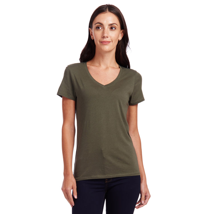 Women wearing Military Green Fitted V-Neck Marcy Tee