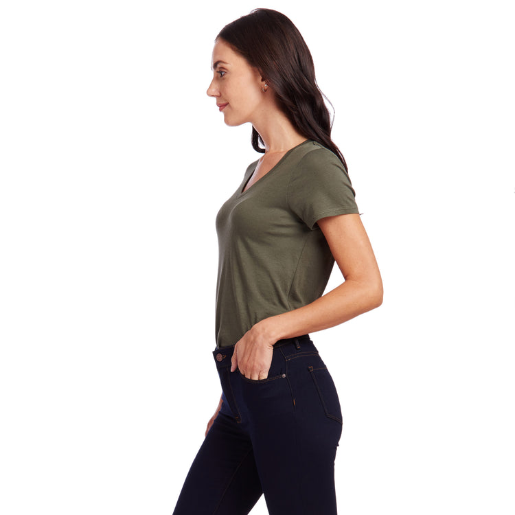 Women wearing Military Green Fitted V-Neck Marcy Tee