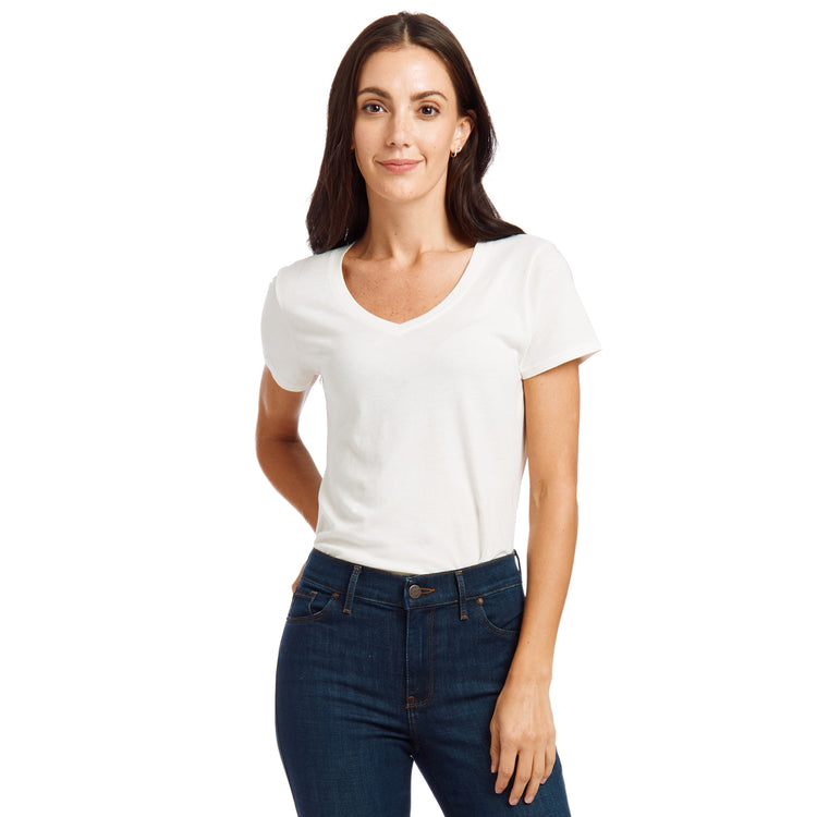 Women wearing Vintage White Fitted V-Neck Marcy Tee