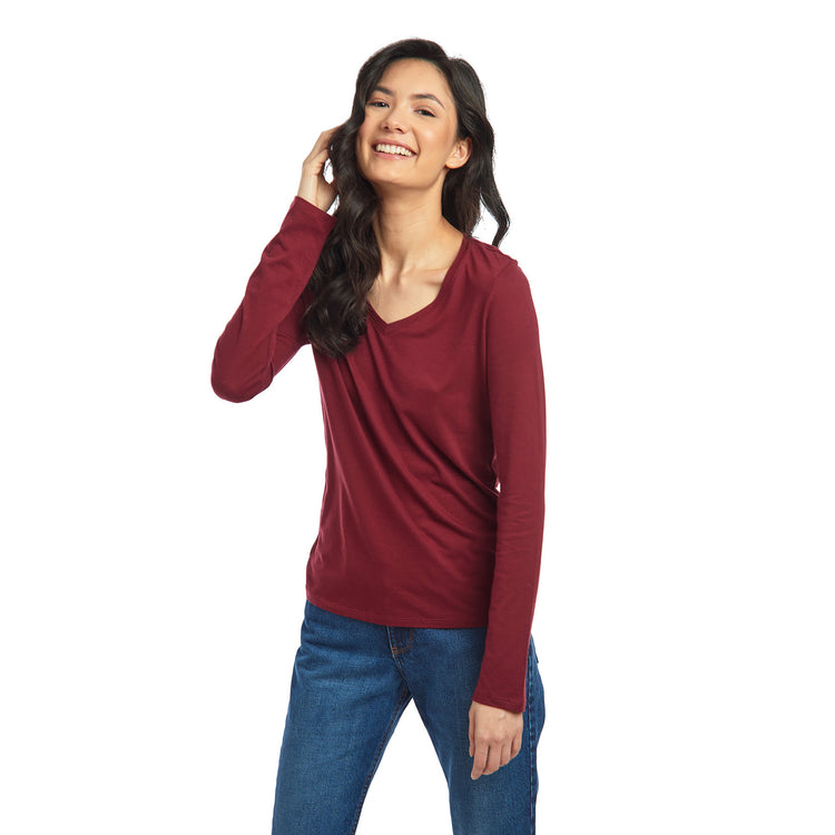 Women wearing Crimson Long Sleeve V-Neck Tee Marcy