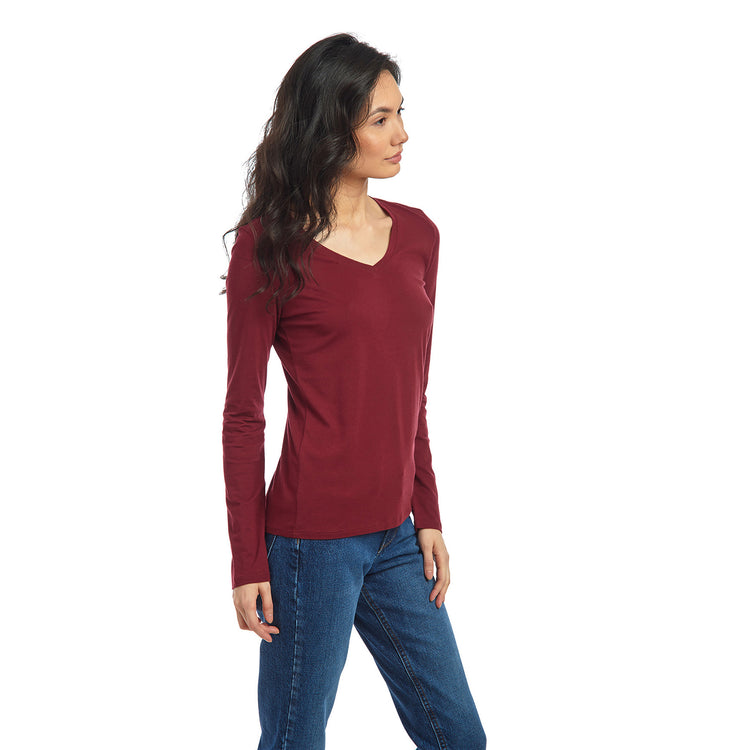 Women wearing Crimson Long Sleeve V-Neck Tee Marcy