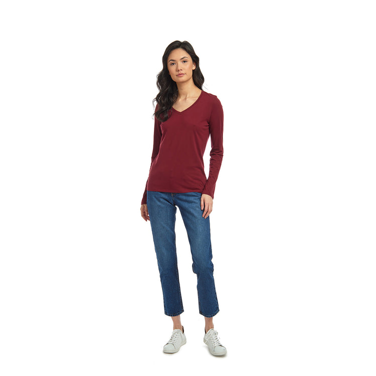 Women wearing Crimson Long Sleeve V-Neck Tee Marcy