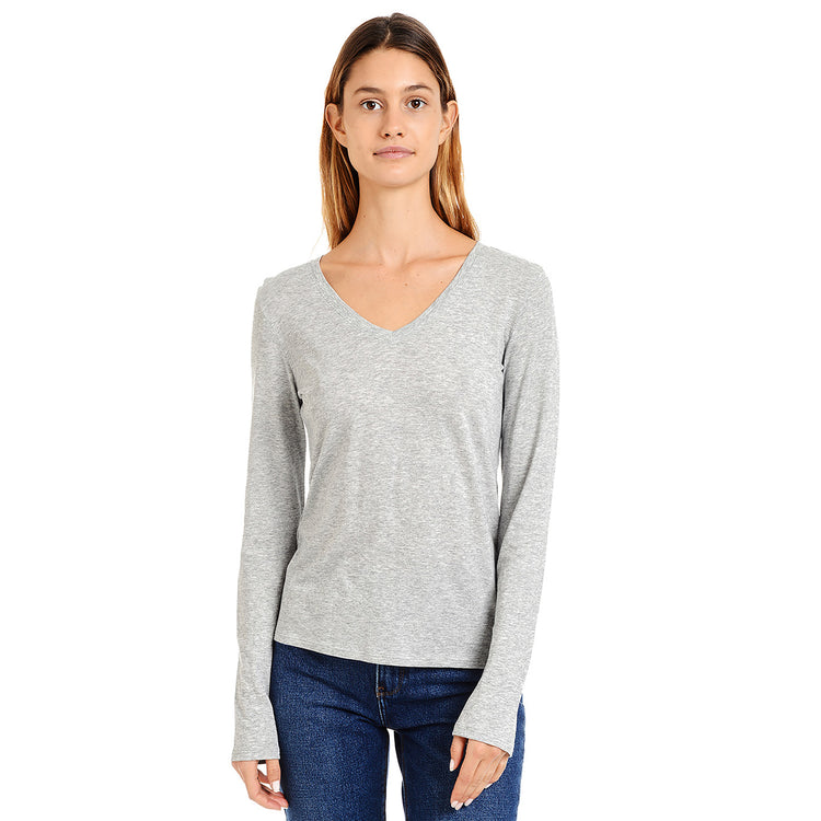 Women wearing Heather Gray Long Sleeve V-Neck Tee Marcy