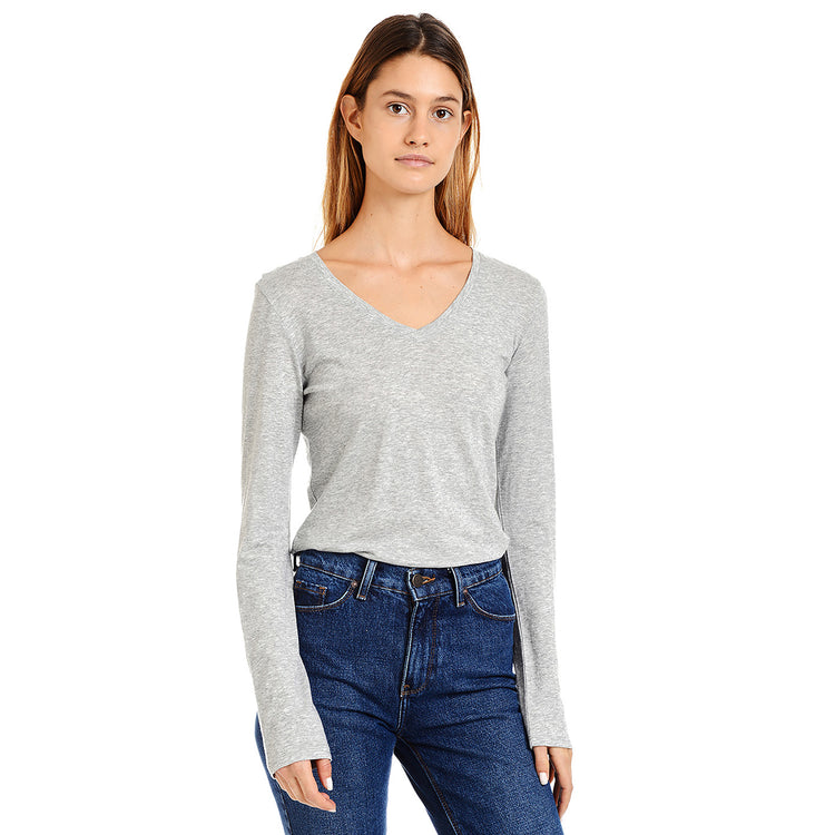 Women wearing Heather Gray Long Sleeve V-Neck Tee Marcy