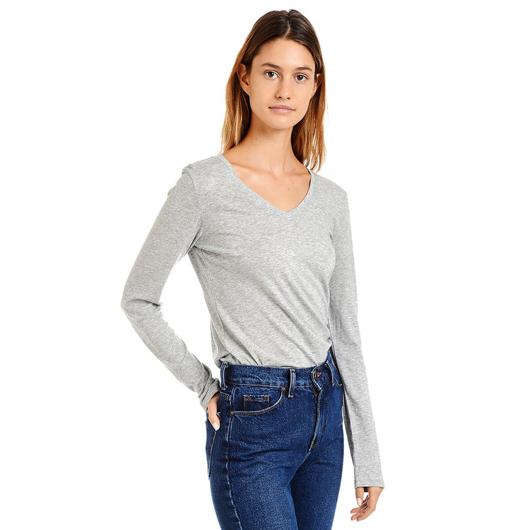 Women wearing Heather Gray Long Sleeve V-Neck Tee Marcy