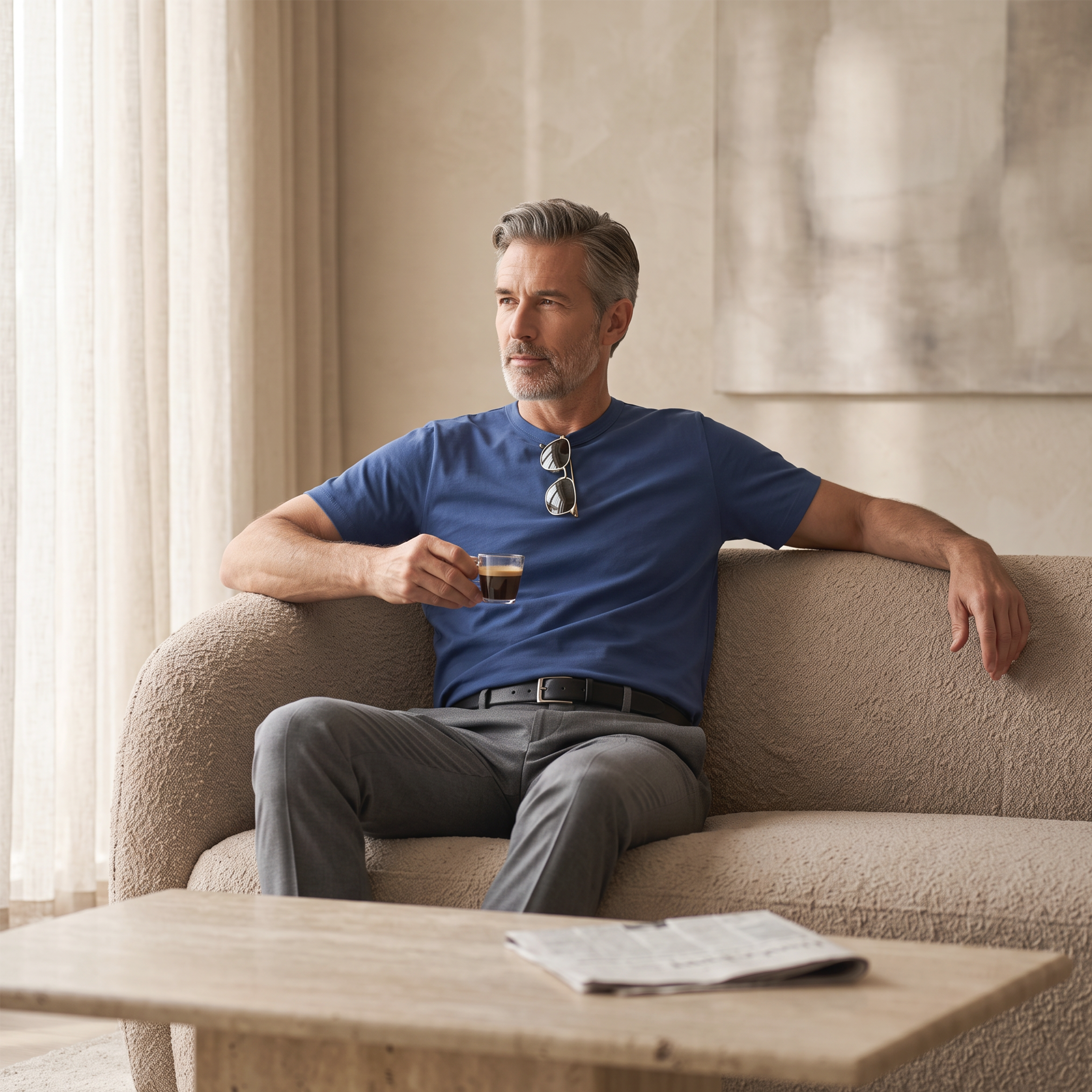 Men wearing Azul báltico Classic Crew Driggs Tee