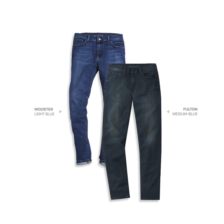  wearing Light/Medium Blue / Medium Blue Slim Wooster and Slim Fulton 2-Pack Jeans
