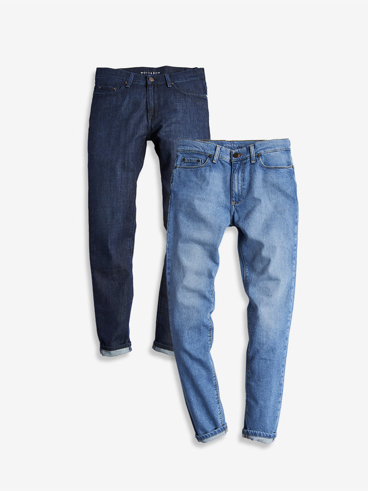  wearing Medium Blue/Light Blue Slim Mosco and Slim Benson 2-Pack Jeans