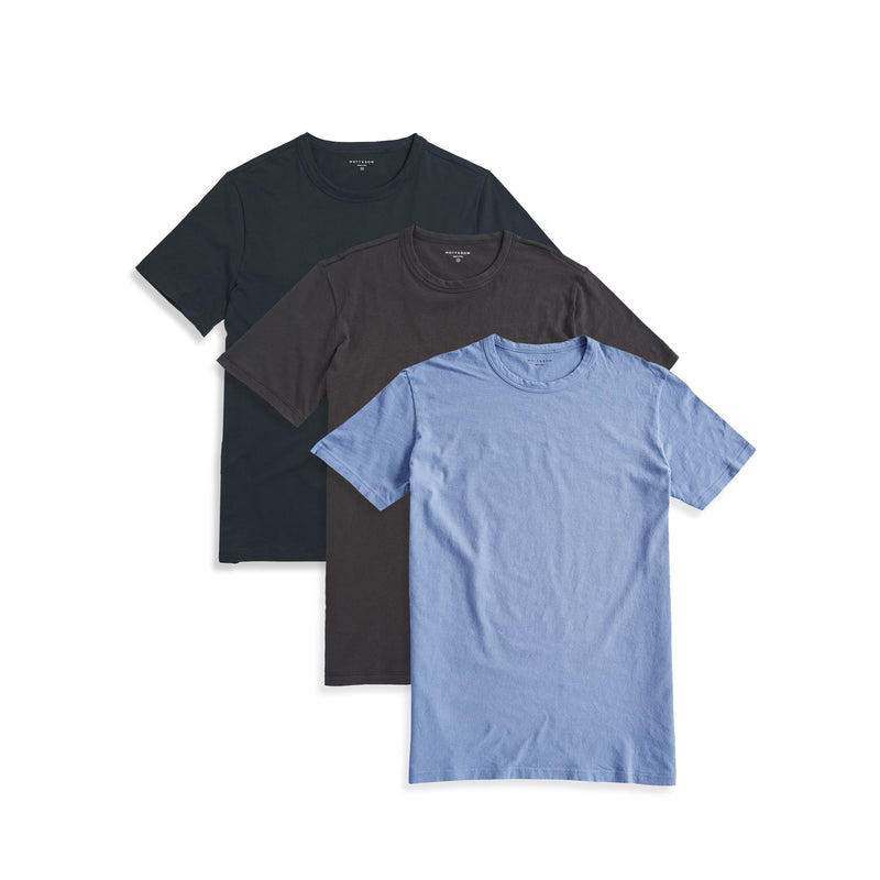  wearing Pine/Dark Gray/California Blue Classic Crew Driggs 3-Pack tees