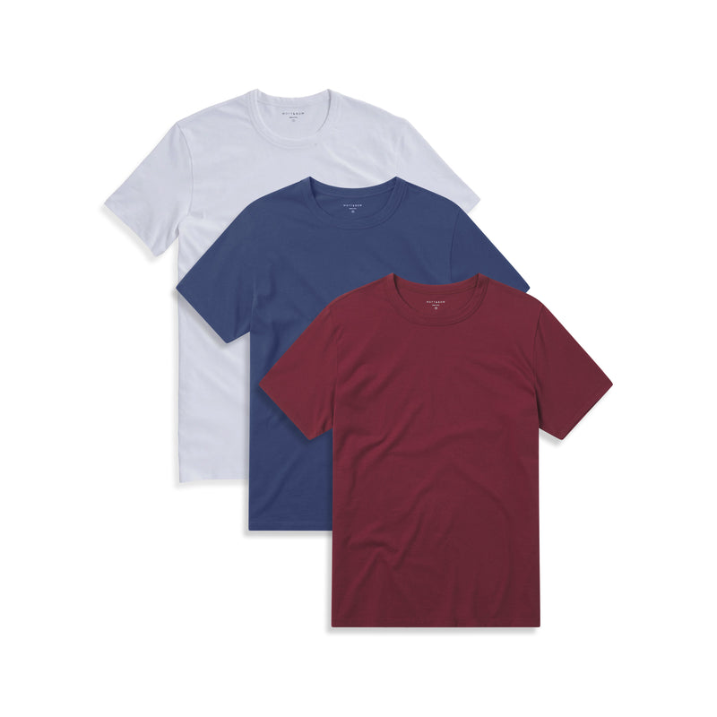  wearing Brick Red/White/Graphite Blue Classic Crew Driggs 3-Pack tees