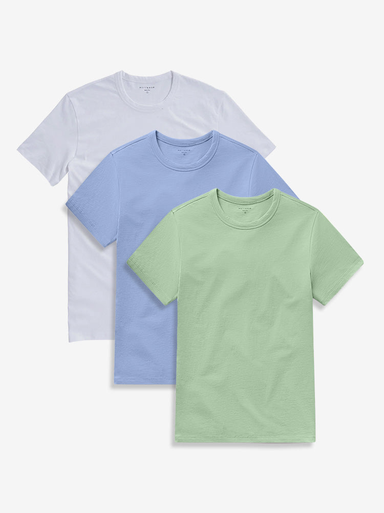  wearing White/Pistachio/California Blue Classic Crew Driggs 3-Pack
