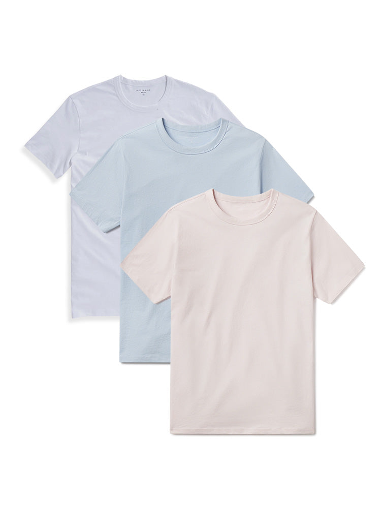  wearing White/Pale Pink/Ice Blue Classic Crew Driggs 3-Pack tees